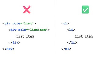 Comparison of an incorrect example with div role='list' and a correct example using semantic ul/li tags