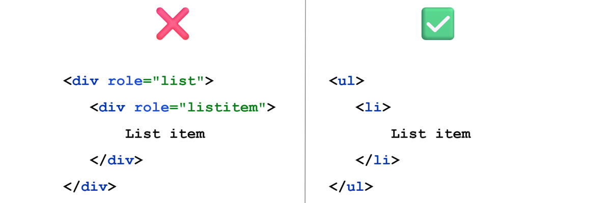 Comparison of an incorrect example with div role='list' and a correct example using semantic ul/li tags