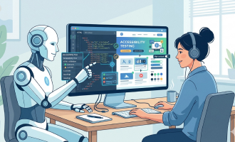 An illustration of a robot and a human working together on web accessibility testing, looking at a computer screen that displays code structure and user interface analysis.