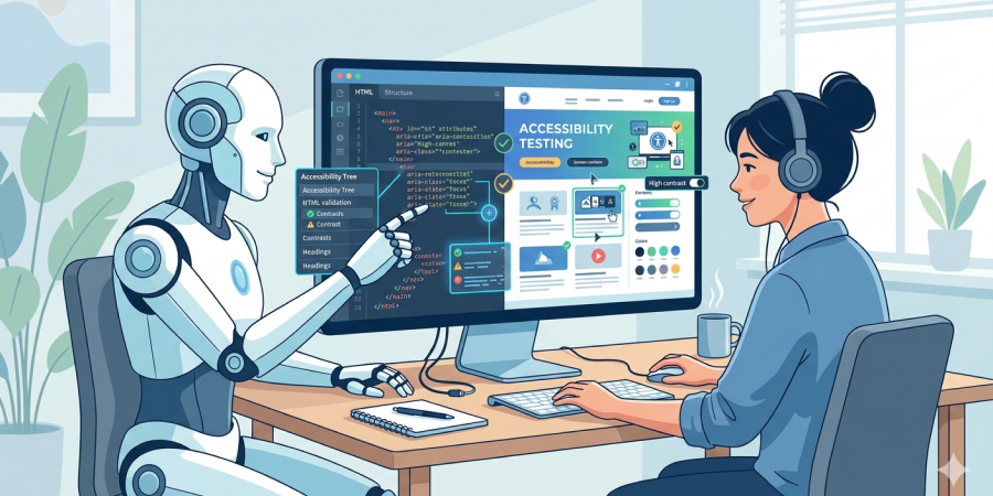 Ілюстрація людини та робота, які разом тестують вебдоступність, дивлячись на екран комп'ютера, де показано аналіз структури коду та інтерфейсу.