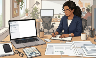 Illustration of a workspace in a bright office where a person is writing in a notebook at a desk. On the desk, there are a laptop, smartphone, glasses, a color palette, and textless schematic UI sketches. Indoor plants and coworkers working in the background are visible.