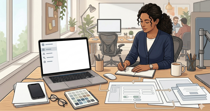 Illustration of a workspace in a bright office where a person is writing in a notebook at a desk. On the desk, there are a laptop, smartphone, glasses, a color palette, and textless schematic UI sketches. Indoor plants and coworkers working in the background are visible.