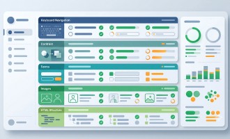 Dashboard interface for a web accessibility audit, featuring abstract charts, progress indicators, and task lists represented by geometric shapes and lines.