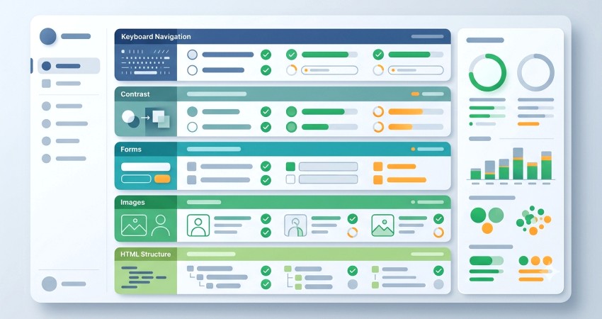 Dashboard interface for a web accessibility audit, featuring abstract charts, progress indicators, and task lists represented by geometric shapes and lines.