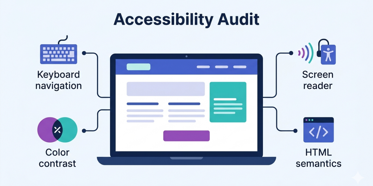Illustration of a laptop with a webpage, surrounded by four accessibility check icons: keyboard navigation, screen reader, color contrast, and HTML semantics. The text 'Accessibility Audit' is at the top.