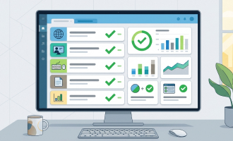 A digital illustration of a desktop computer. The screen shows a modern dashboard UI featuring a checklist of completed tasks and various charts. A plant and a cup are on the desk next to the computer.