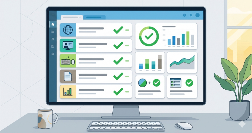 A digital illustration of a desktop computer. The screen shows a modern dashboard UI featuring a checklist of completed tasks and various charts. A plant and a cup are on the desk next to the computer.