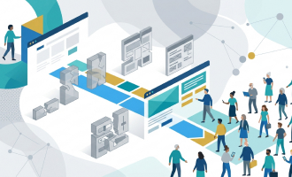 Illustration of an open digital pathway through a website interface, where fragmented blocks and barriers are removed, leading to a broad audience of users.