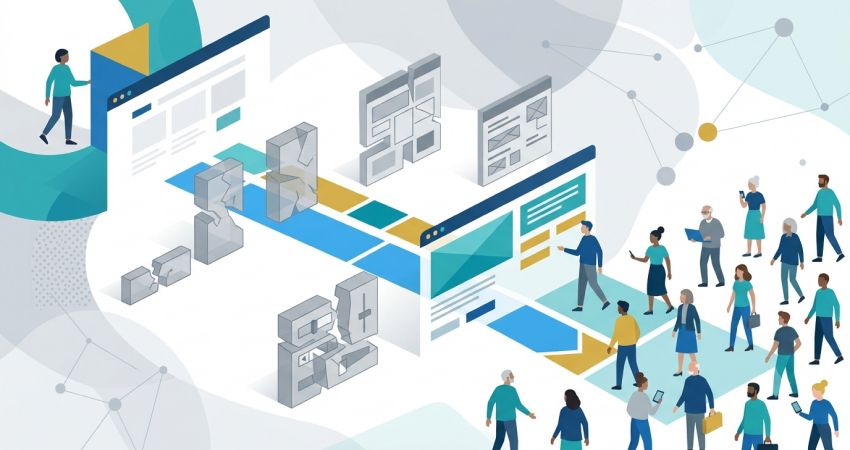 Illustration of an open digital pathway through a website interface, where fragmented blocks and barriers are removed, leading to a broad audience of users.