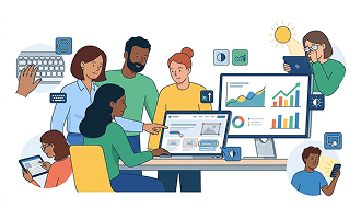 Modern illustration of a team analyzing website accessibility through various user personas and metrics.