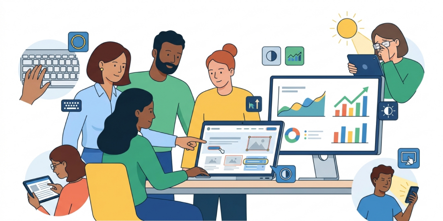 Сучасна ілюстрація команди, що аналізує доступність вебсайту через різні профілі користувачів та метрики.