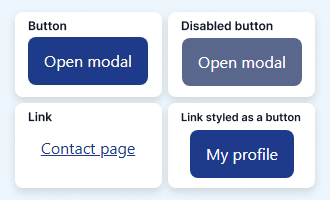 Component usage examples: 1. Button «Open modal». 2. Disabled button «Open modal». 3. Link «Contact page». 4. Link styled as a button «My profile».